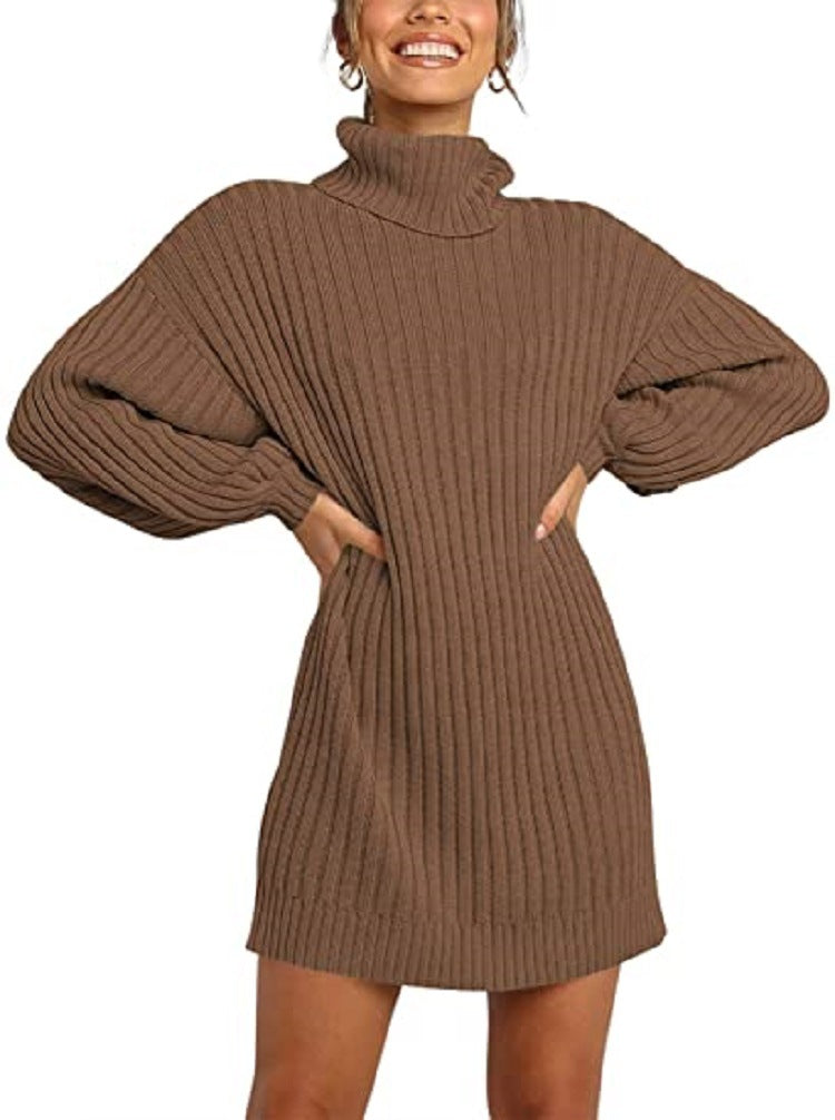 Damen Grobstrick Pulloverkleid mit hohem Kragen und überschnittenen Schultern Drune