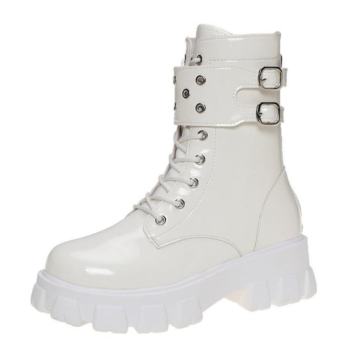 Damen nan glänzende Lack-Combat-Boots mit klobiger Traktorsohle, Doppelriemen und metallischen Ösen Drune