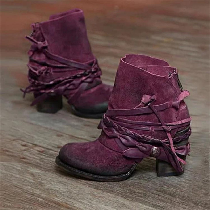 Damen nan Vintage Western-Ankleboots aus Veloursleder mit geflochtenen Riemendetails und praktischem Fersenreißverschluss Drune