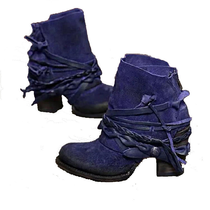 Damen nan Vintage Western-Ankleboots aus Veloursleder mit geflochtenen Riemendetails und praktischem Fersenreißverschluss Drune