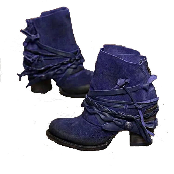 Damen nan Vintage Western-Ankleboots aus Veloursleder mit geflochtenen Riemendetails und praktischem Fersenreißverschluss Drune