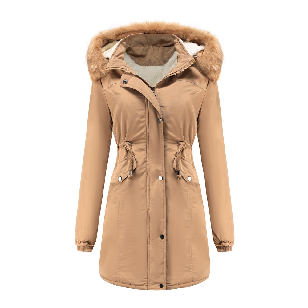 Damen modische Funktionsjacke mit abnehmbarer Kapuze und kuscheligem Kunstfell Drune