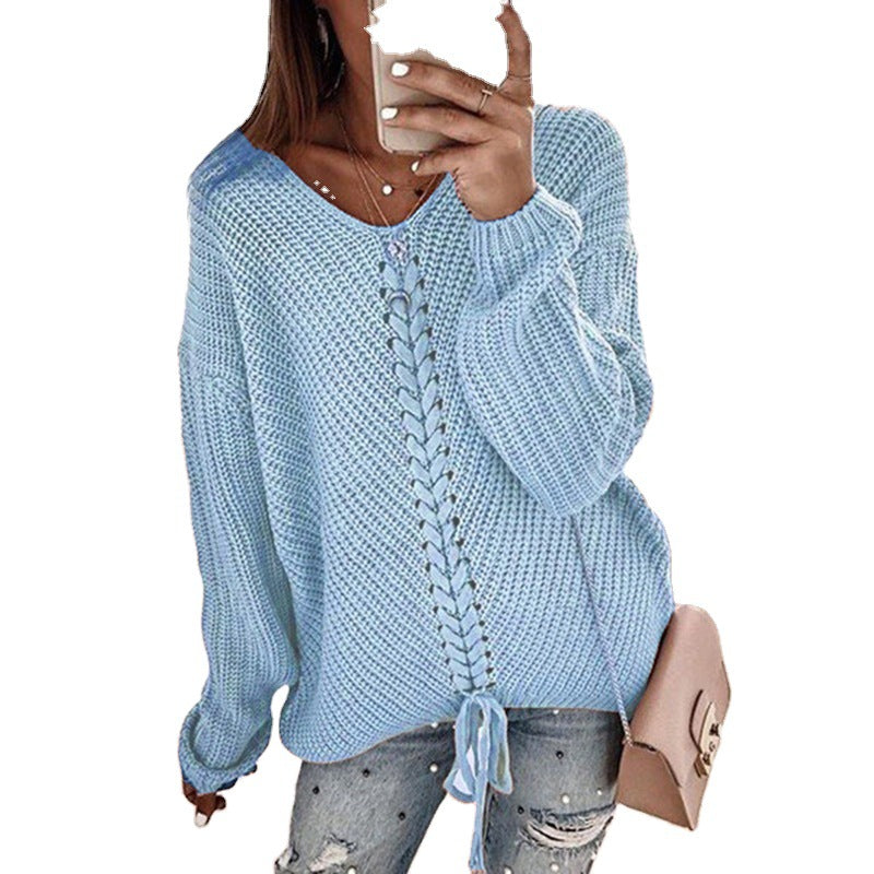 Damen Großer Strickpullover mit tiefem V-Ausschnitt und dekorativem Kordeldetail Drune