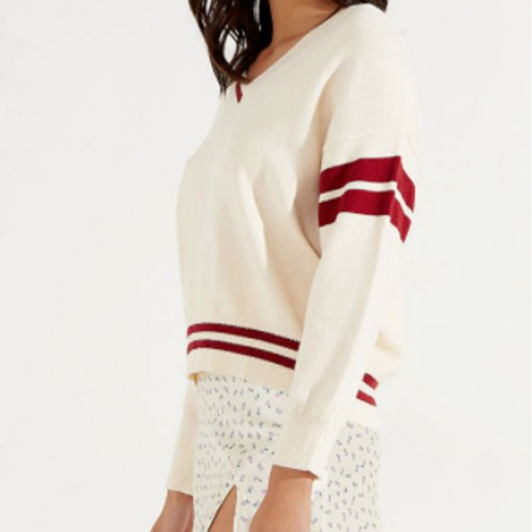 Damen sportlicher V-Ausschnitt Pullover mit Streifen Drune