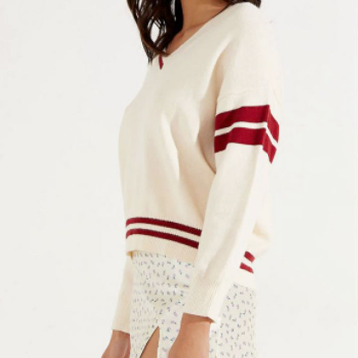 Damen sportlicher V-Ausschnitt Pullover mit Streifen Drune