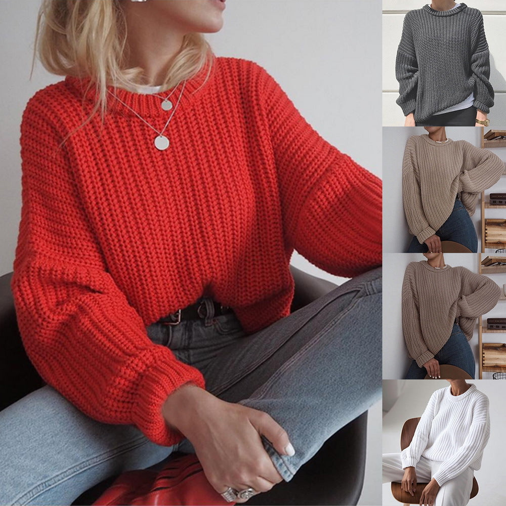 Damen Grobstrickpullover mit lässigem Schnitt und Ballonärmeln Drune