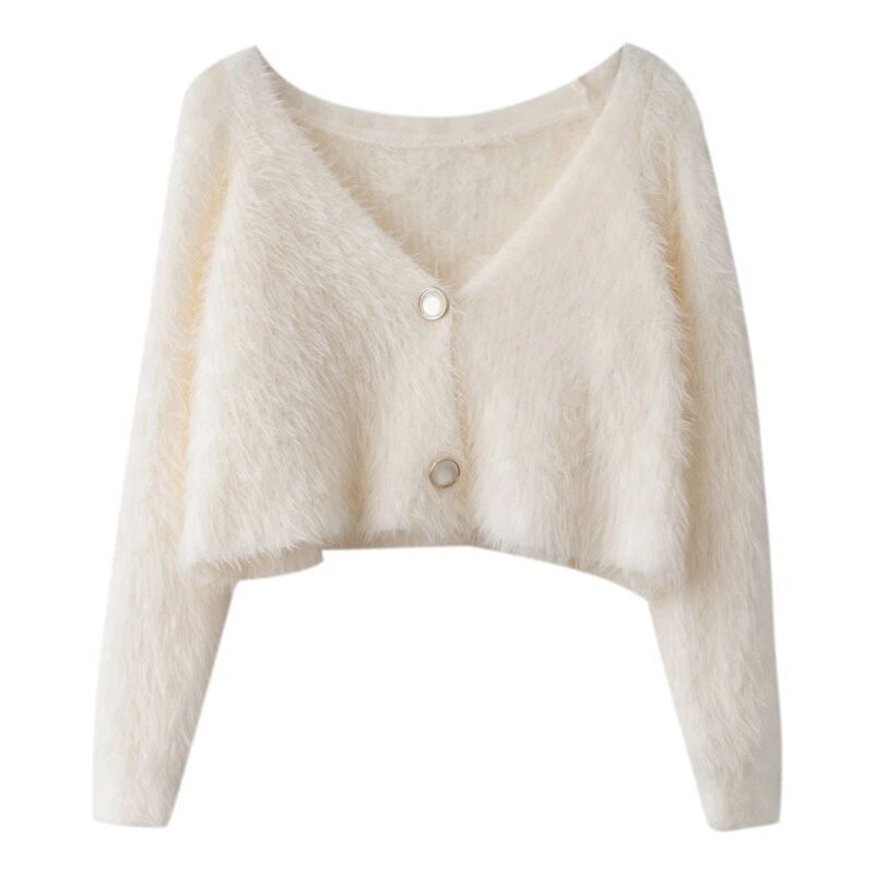Damen Flauschiger Strickcardigan mit Knopfdesign Drune