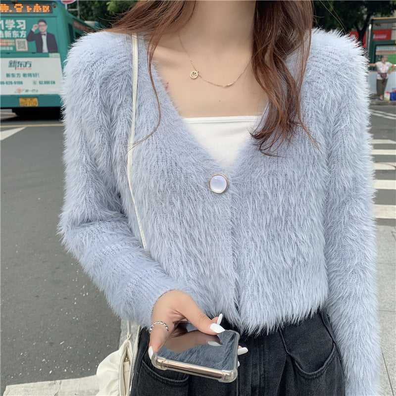 Damen Flauschiger Strickcardigan mit Knopfdesign Drune