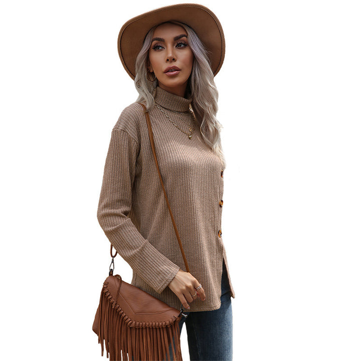 Damen gemütlicher Rollkragenpullover mit Knopfdetails Drune