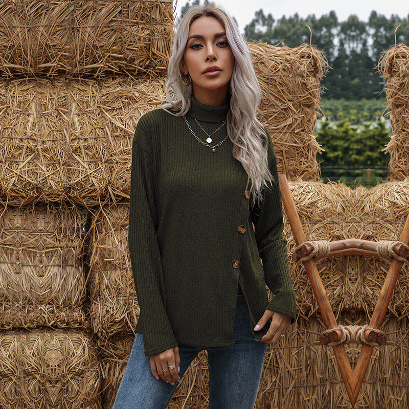 Damen gemütlicher Rollkragenpullover mit Knopfdetails Drune