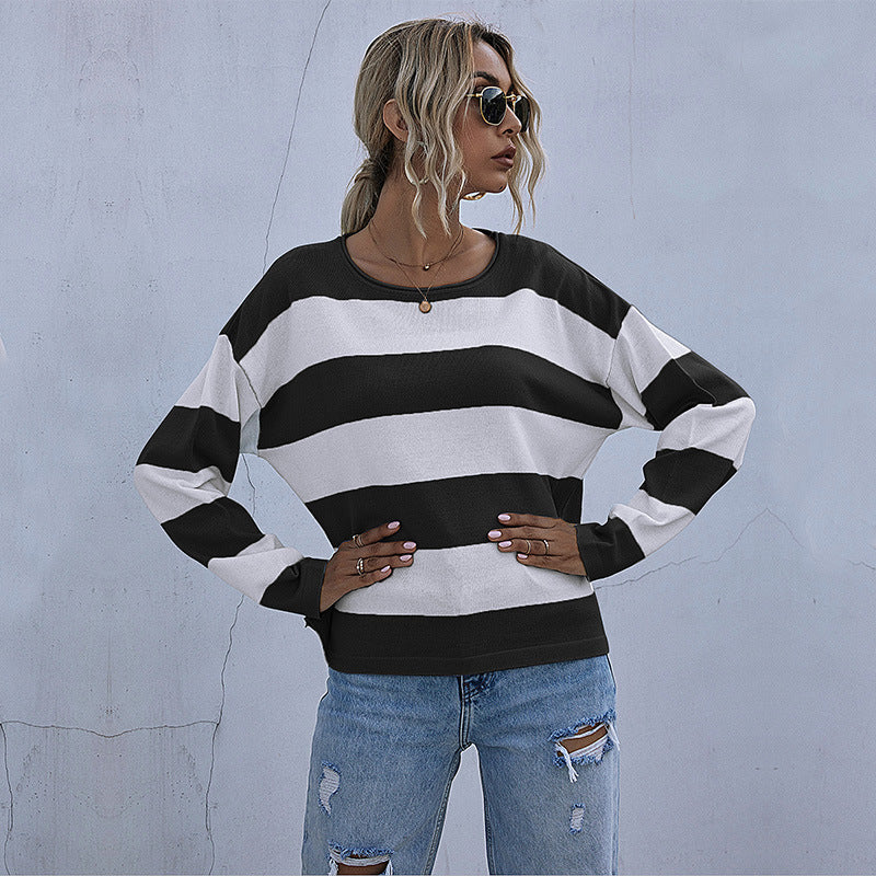 Damen lässiger Oversized-Pullover mit breiten Streifen Drune