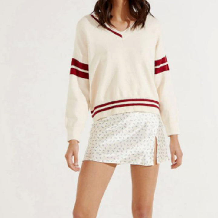 Damen sportlicher V-Ausschnitt Pullover mit Streifen Drune
