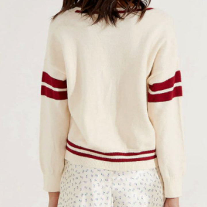Damen sportlicher V-Ausschnitt Pullover mit Streifen Drune
