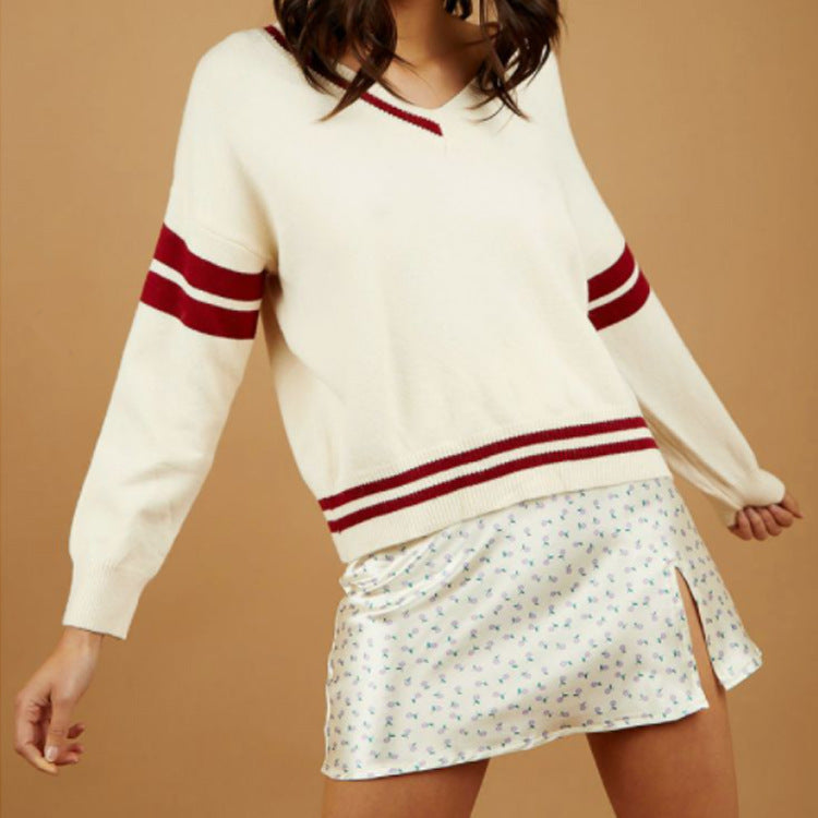 Damen sportlicher V-Ausschnitt Pullover mit Streifen Drune