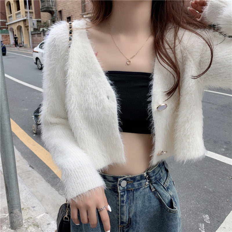 Damen Flauschiger Strickcardigan mit Knopfdesign Drune