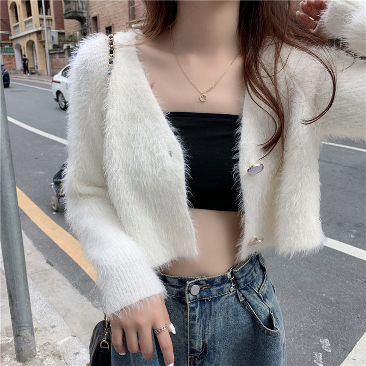 Damen Flauschiger Strickcardigan mit Knopfdesign Drune