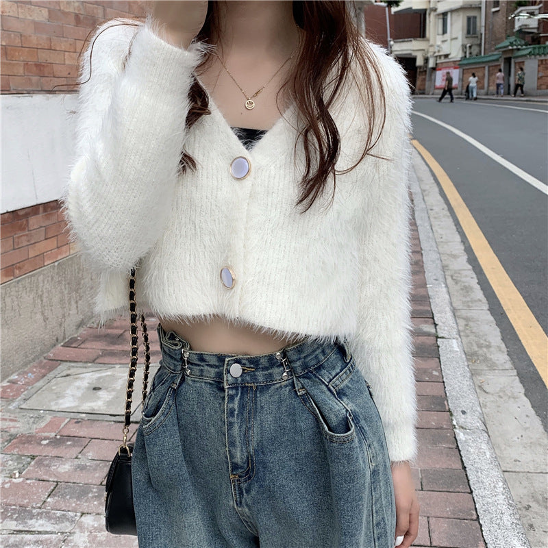 Damen Flauschiger Strickcardigan mit Knopfdesign Drune