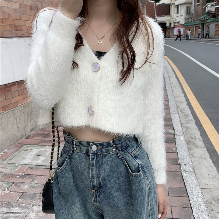 Damen Flauschiger Strickcardigan mit Knopfdesign Drune