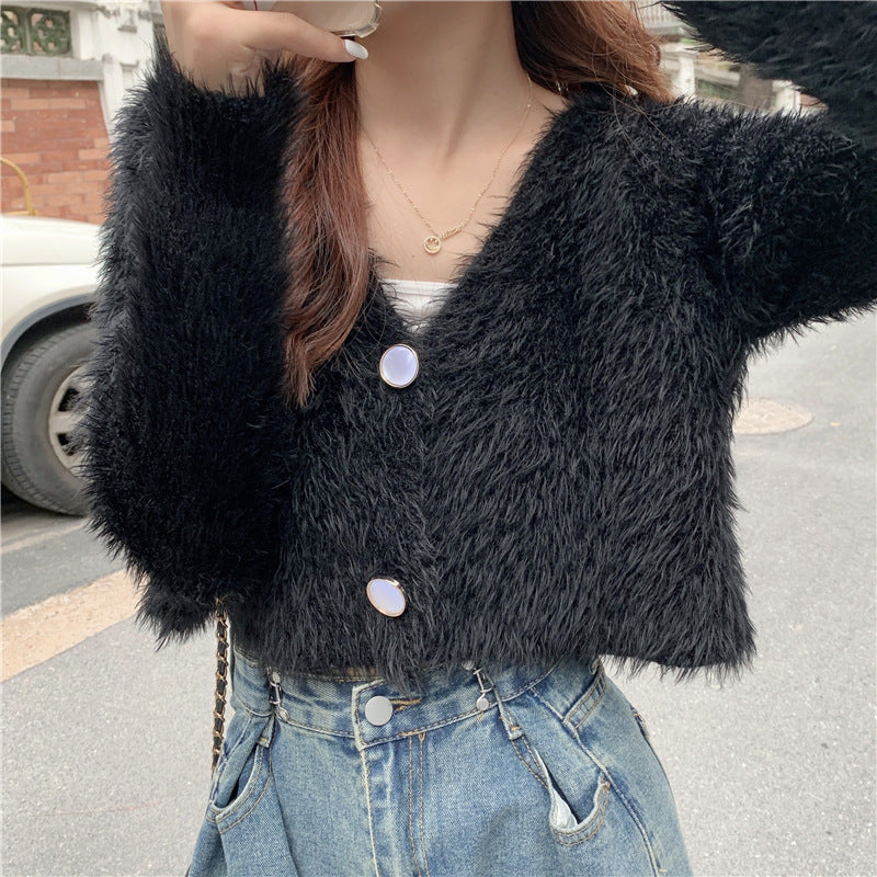 Damen Flauschiger Strickcardigan mit Knopfdesign Drune