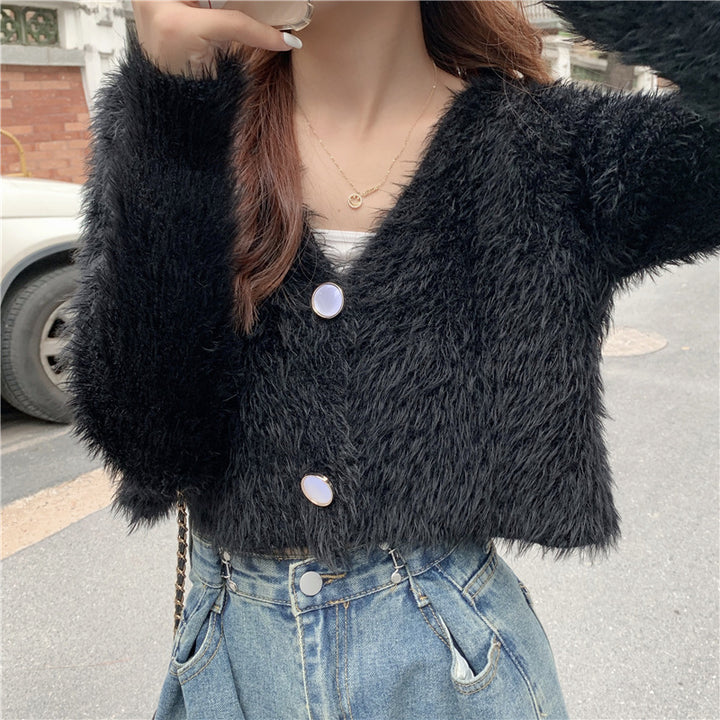 Damen Flauschiger Strickcardigan mit Knopfdesign Drune