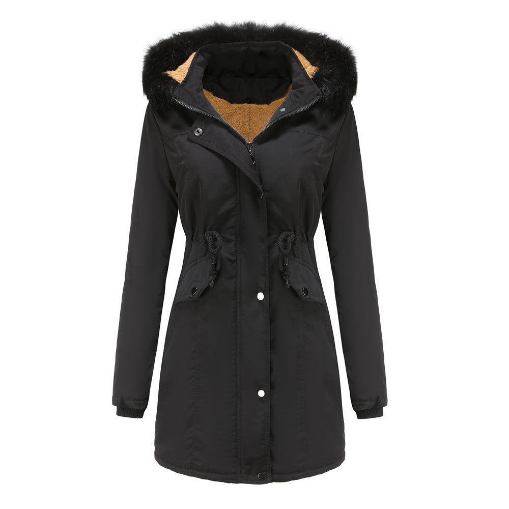 Damen modische Funktionsjacke mit abnehmbarer Kapuze und kuscheligem Kunstfell Drune