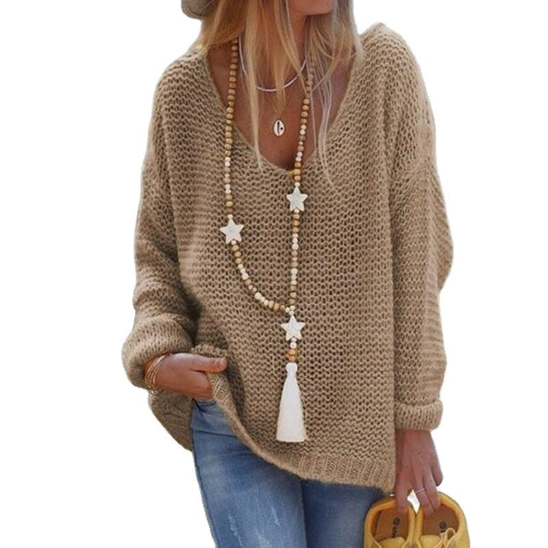 Damen Grobstrick Pullover mit weitem V-Ausschnitt und lässigem Schnitt Drune