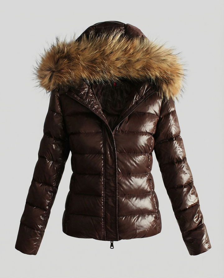 Damen Winterdaunenjacke mit abnehmbarer Kapuze und luxuriösem Fellkragen Drune