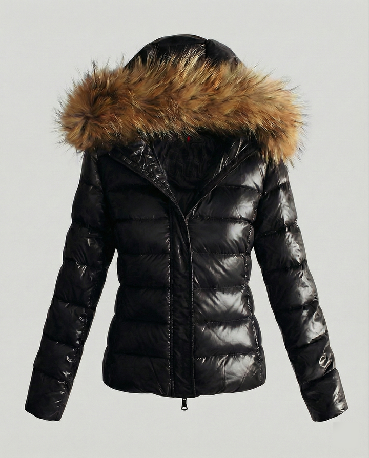 Damen Winterdaunenjacke mit abnehmbarer Kapuze und luxuriösem Fellkragen Drune