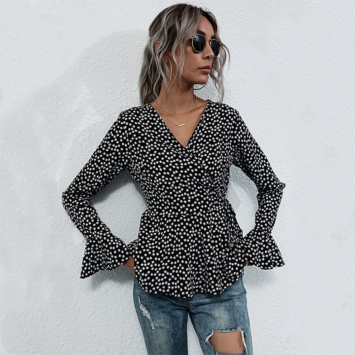 Damen Wickelbluse mit voluminösen Flügelärmeln und verspieltem Punktemuster Drune