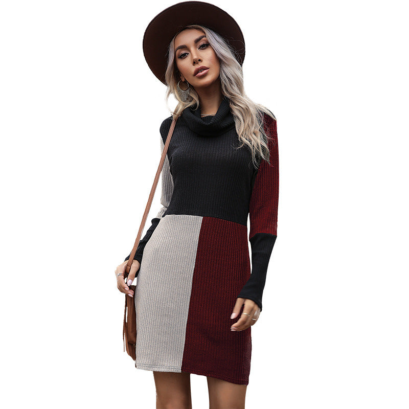 Damen Strickkleid mit hohem Kragen und modernem Farbblockmuster Drune