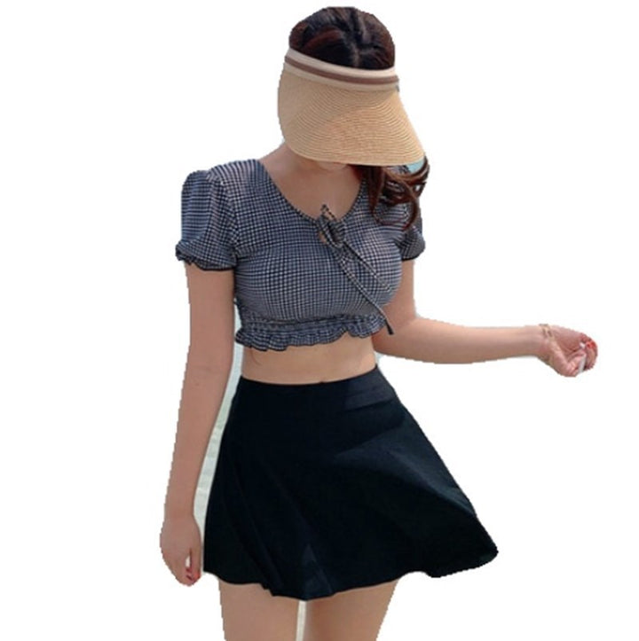 Damen Cropped Oberteil mit Rüschensaum und charmantem Karomuster Drune