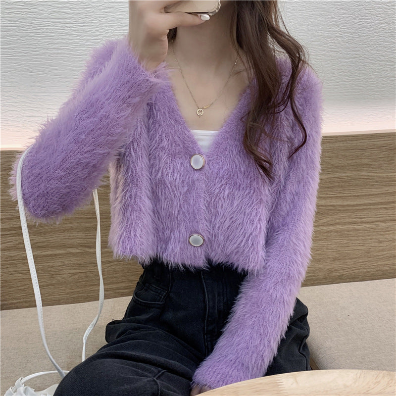 Damen Flauschiger Strickcardigan mit Knopfdesign Drune