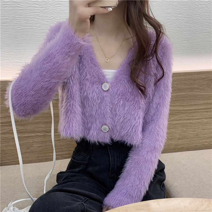 Damen Flauschiger Strickcardigan mit Knopfdesign Drune