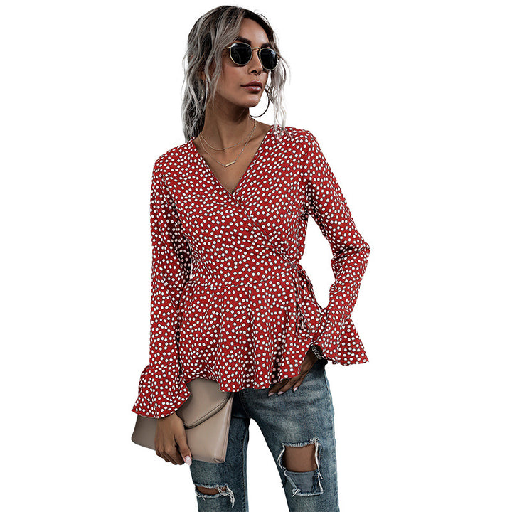 Damen Wickelbluse mit voluminösen Flügelärmeln und verspieltem Punktemuster Drune