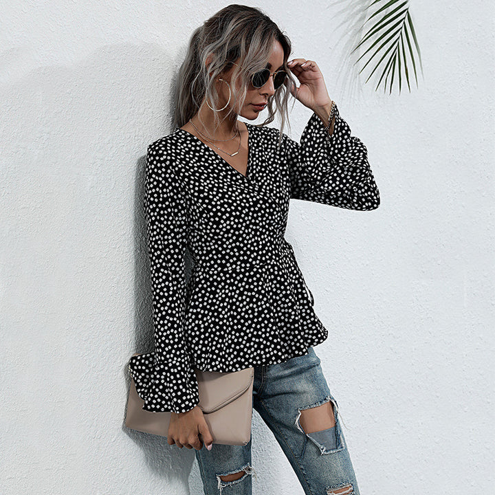 Damen Wickelbluse mit voluminösen Flügelärmeln und verspieltem Punktemuster Drune