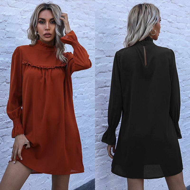 Damen modisches Minikleid mit voluminösen Puffärmeln und Rüschendetails Drune