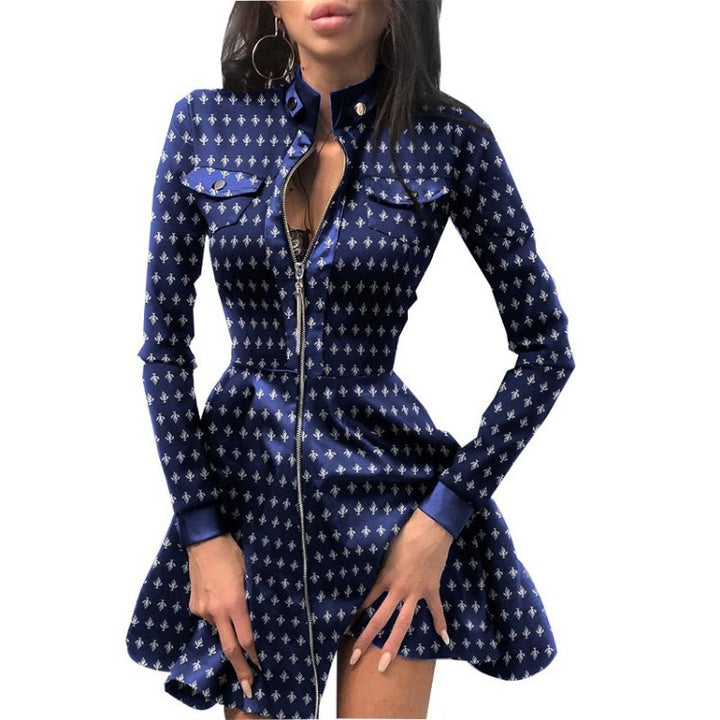 Damen nan tailliertes Mini-Kleid mit Hahnentritt-Oberteil, Kunstleder-Rock, Stehkragen und durchgehendem Reißverschluss Drune