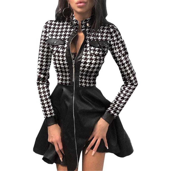 Damen nan tailliertes Mini-Kleid mit Hahnentritt-Oberteil, Kunstleder-Rock, Stehkragen und durchgehendem Reißverschluss Drune