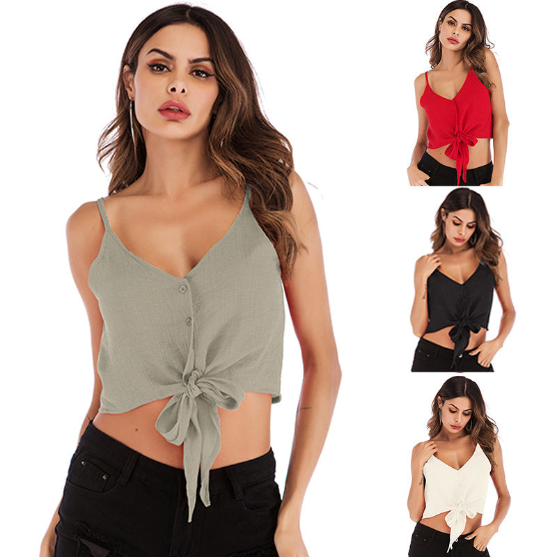 Damen lässiges Crop-Top mit Knopfleiste und Schleifenakzent Drune