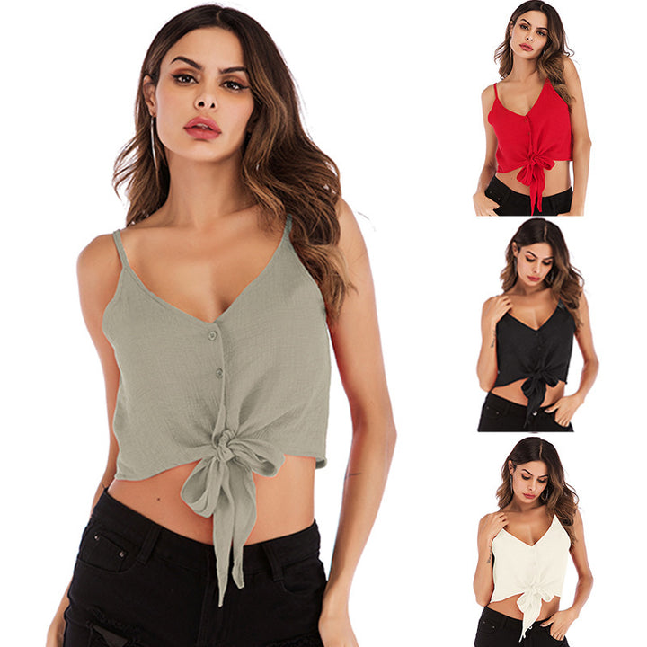 Damen lässiges Crop-Top mit Knopfleiste und Schleifenakzent Drune