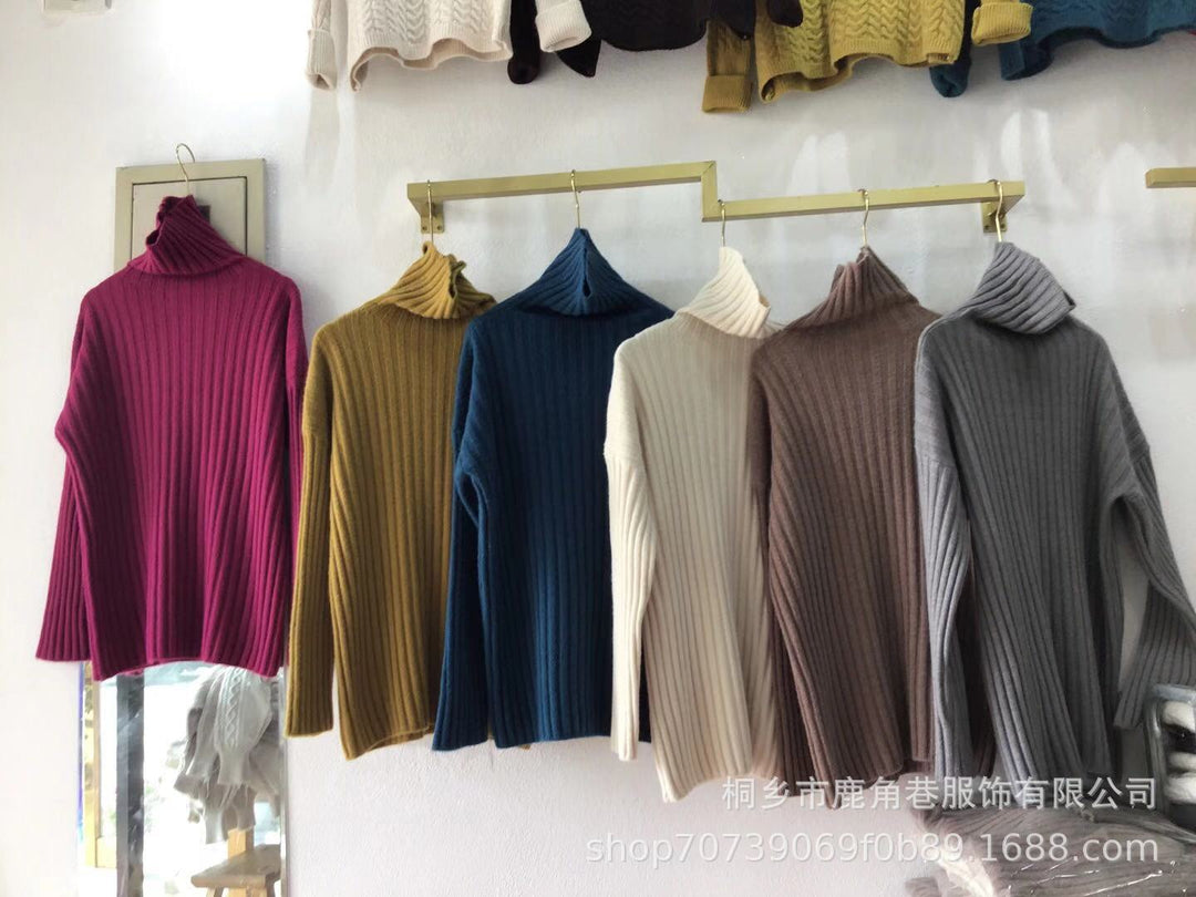 Damen Grobstrickpullover mit hohem Kragen und feiner Rippstruktur Drune