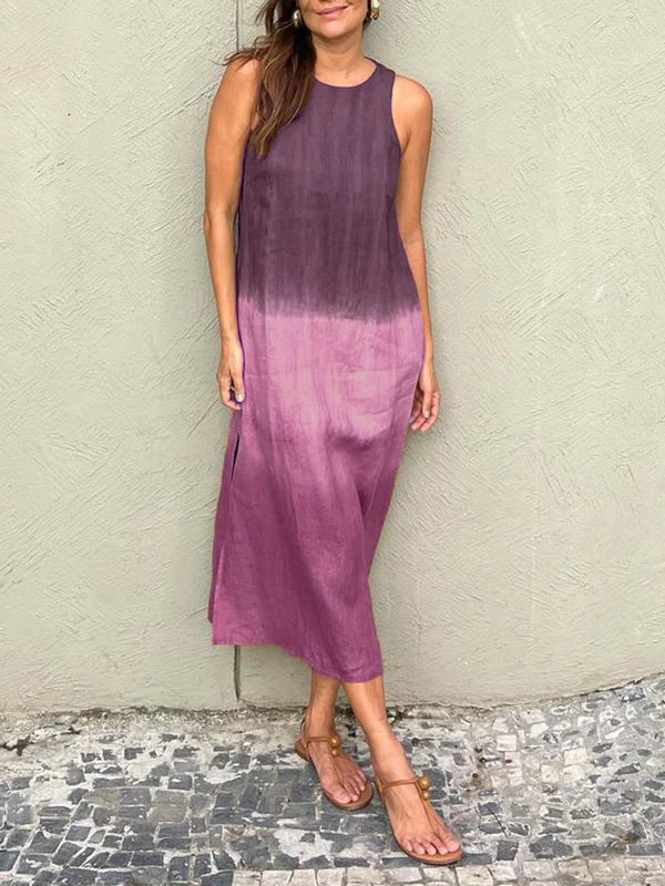 Drune | Lange, Ärmellose, Lockere Kleid Aus Baumwolle Und Leinen Mit Gedämpftem Tie Dye Schlitz Für Frauen