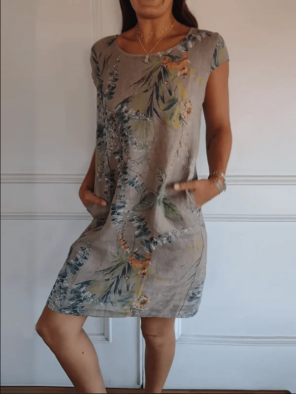 Drune | Baumwolle und Leinen Rundhalsbedrucktes Kleid
