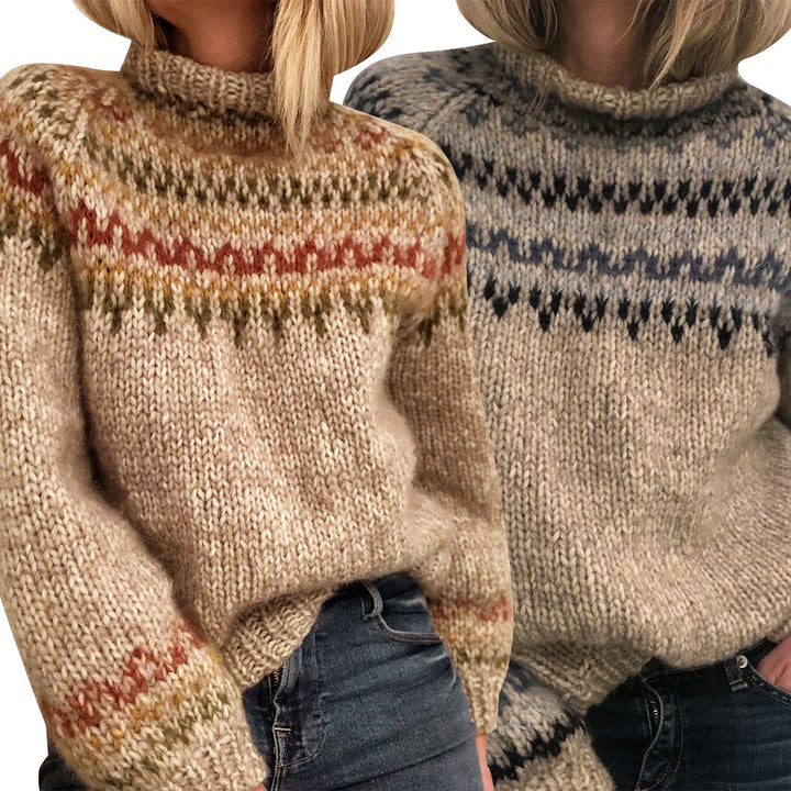 Damen Gemusterter Strickpullover mit hochgeschlossenem Kragen Drune
