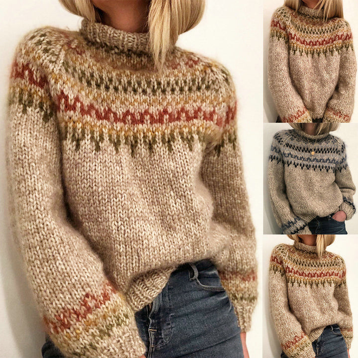 Damen Gemusterter Strickpullover mit hochgeschlossenem Kragen Drune