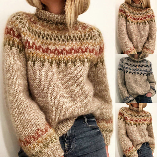 Damen Gemusterter Strickpullover mit hochgeschlossenem Kragen Drune