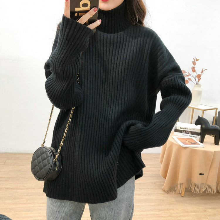 Damen Grobstrickpullover mit hohem Kragen und feiner Rippstruktur Drune