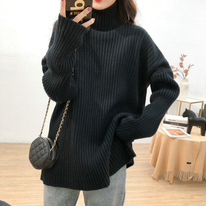 Damen Grobstrickpullover mit hohem Kragen und feiner Rippstruktur Drune