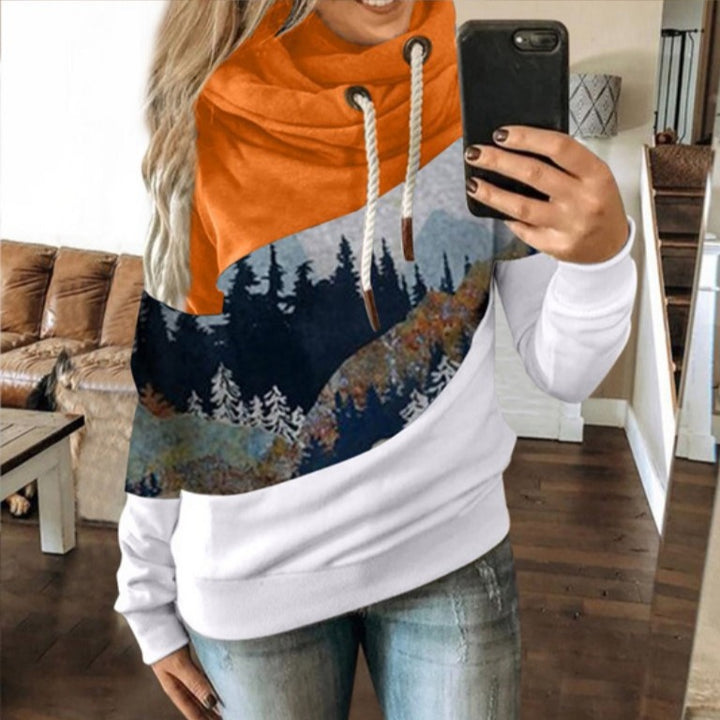 Damen Kapuzenpullover mit kreativem Berglandschaftsdesign und weichem Innenfutter Drune