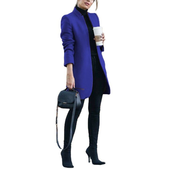 Damen nan eleganter knielanger Wollmix Mantel mit Stehkragen Drune